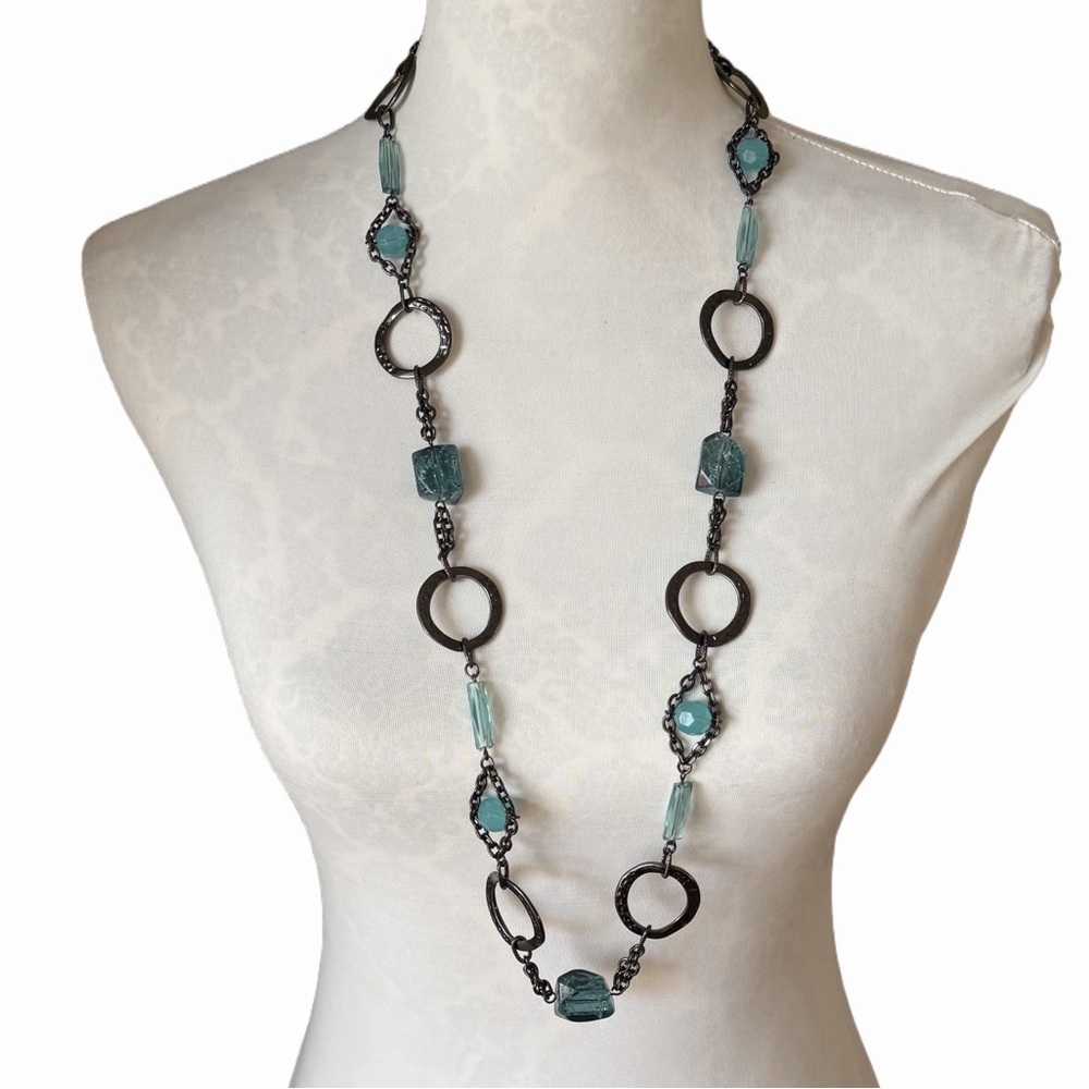 Lia Sophia Teal Blue Beaded Station Necklace Gunmetal Chain